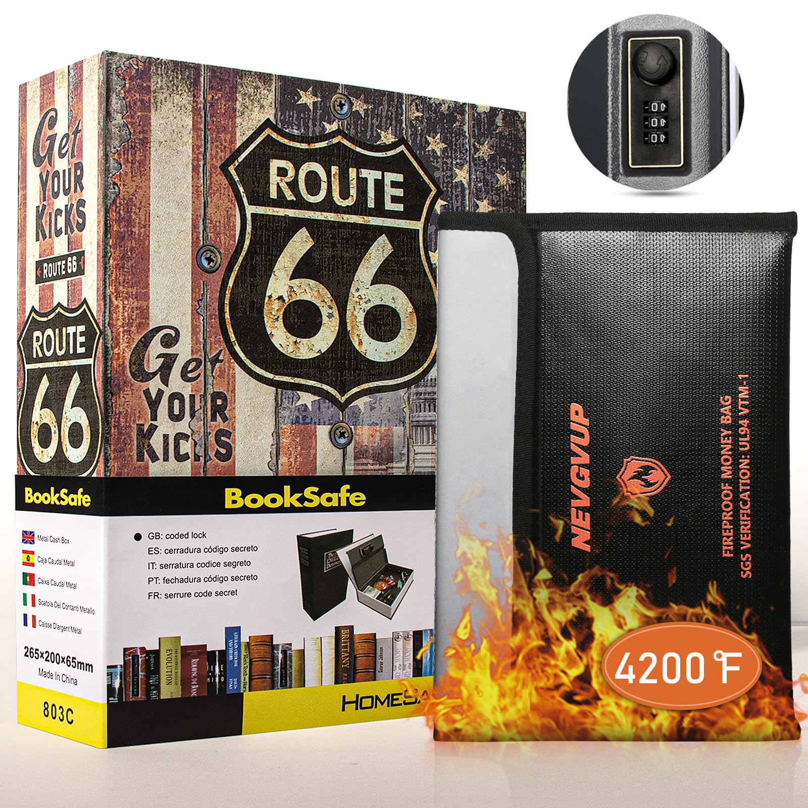 Diversion Book Safe with 4200°F Fireproof Money Bag and